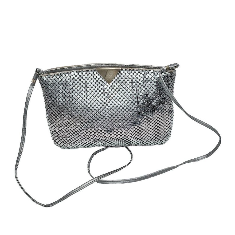 Vintage Silver Mesh Bag Formal Zipper Purse Clutch Handbag   9" X 7"